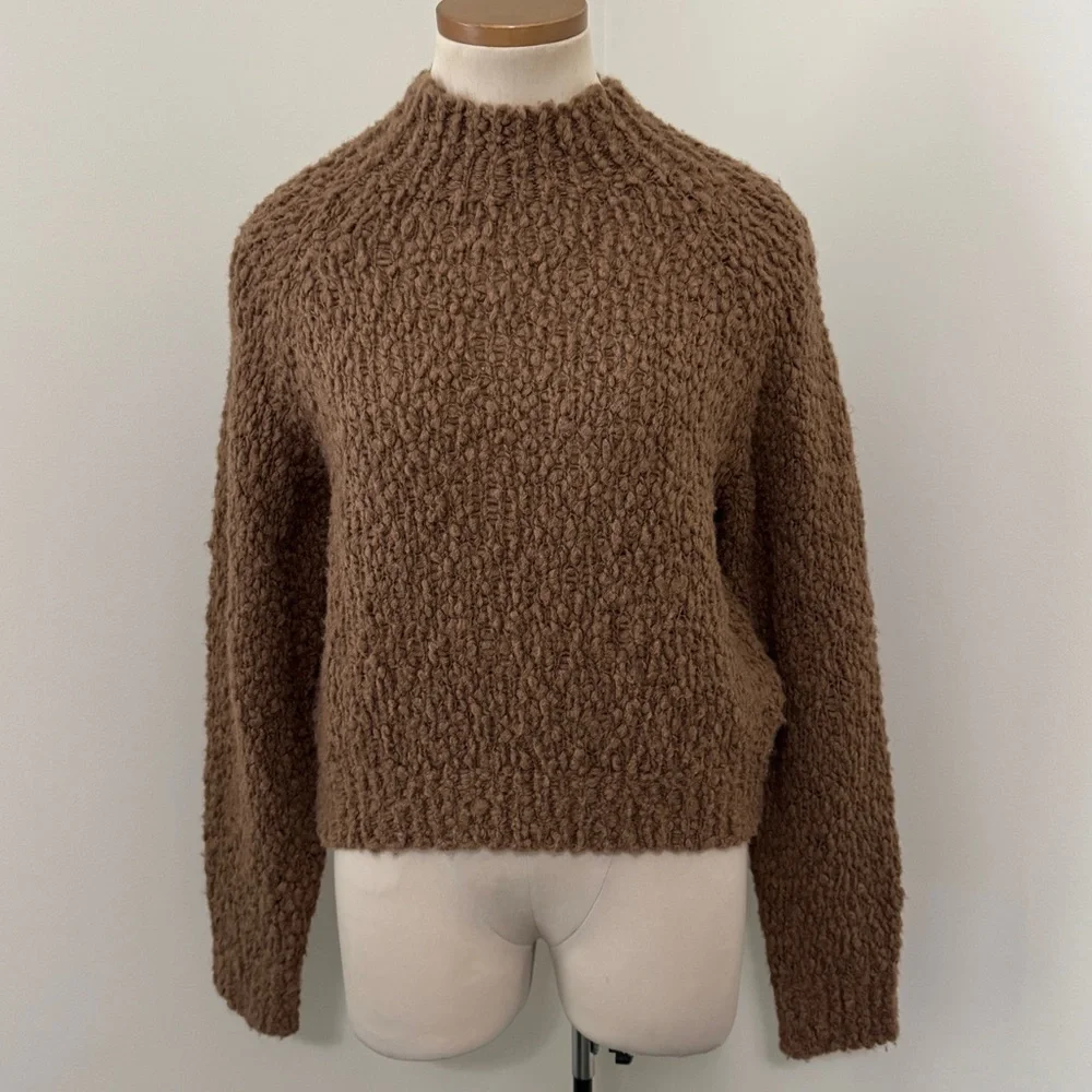 Maeve Small Textured Mock Neck Sweater ~ Brown Cropped Wool Minimal Cozy - Picture 2 of 8